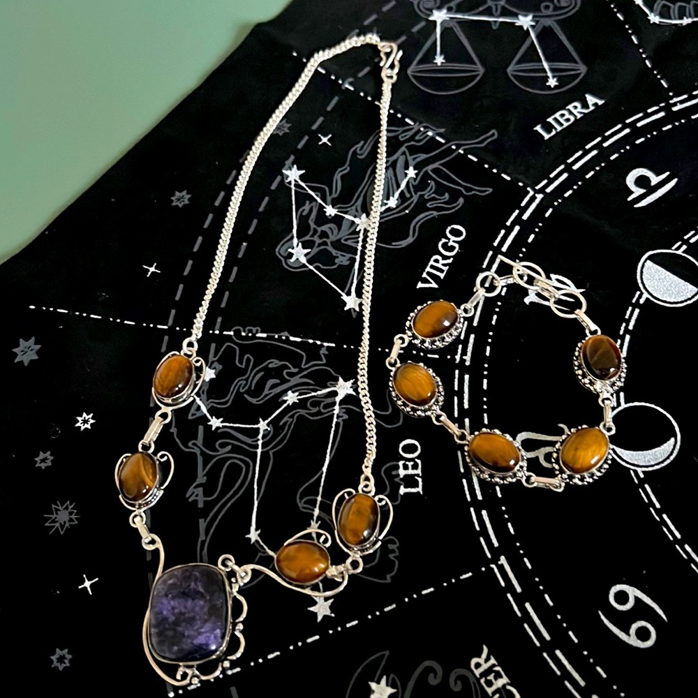 Tigers eye sodalite  Jewerly pendant necklace bracelet set silver .925
